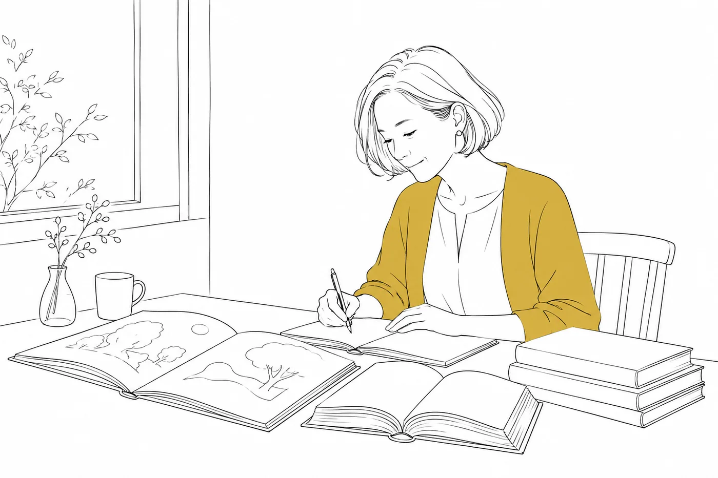 窓辺の机で海外の絵本を訳す女性のイラスト