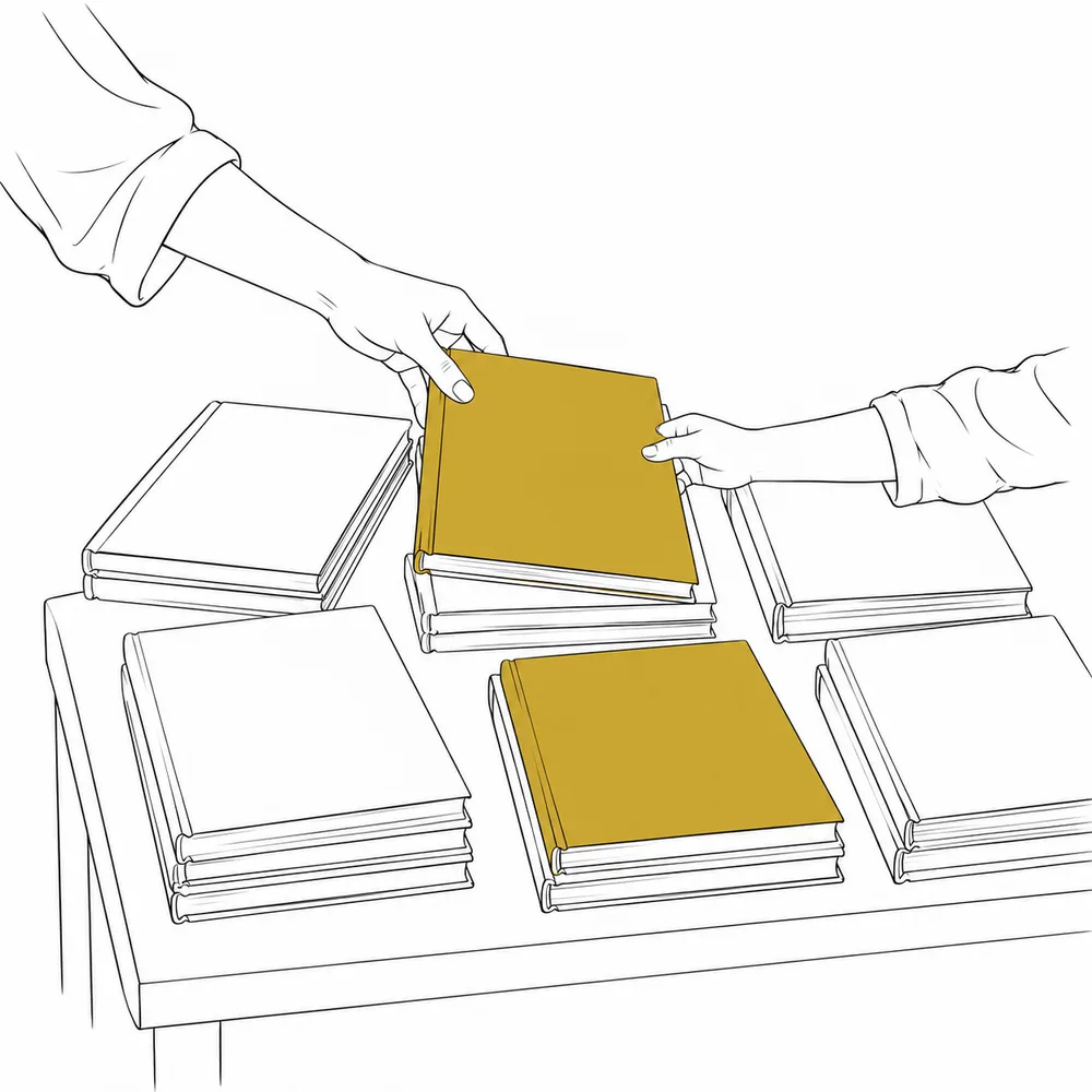 書店の平台に並んだ絵本に手をのばすイラスト