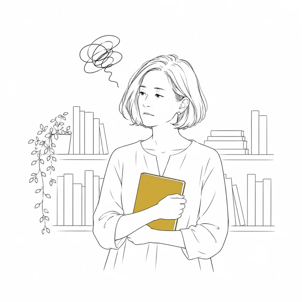 本棚の前でノートを抱えて考える女性のイラスト